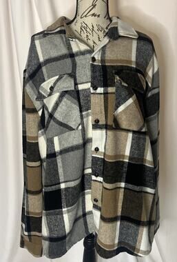 Women's Brown/Black/White/Gray Plaid Flannel Button-Up Shirt Shacket - XL